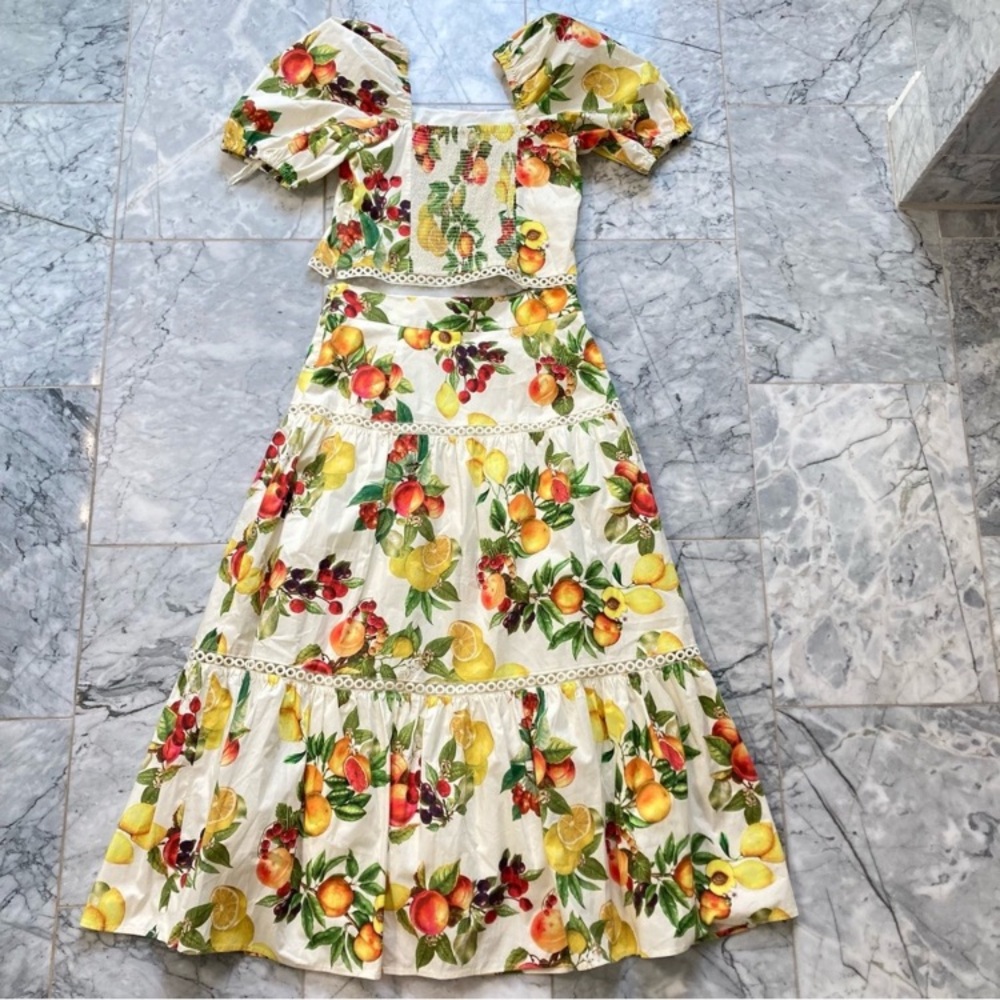 ANTONIO MELANI Set Yellow White Red Fruit Print Floral cotton Skirt & Top - Picture 10 of 11
